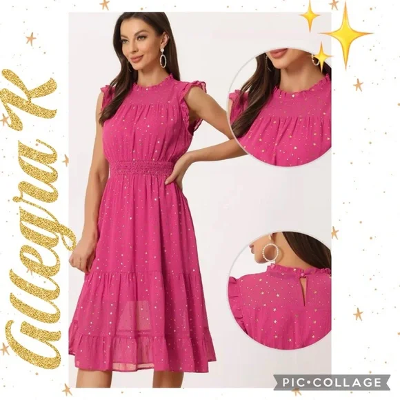 Allegra K Smocked Waist Gilding Metallic Stars Chiffon Dress - Picture 2 of 11